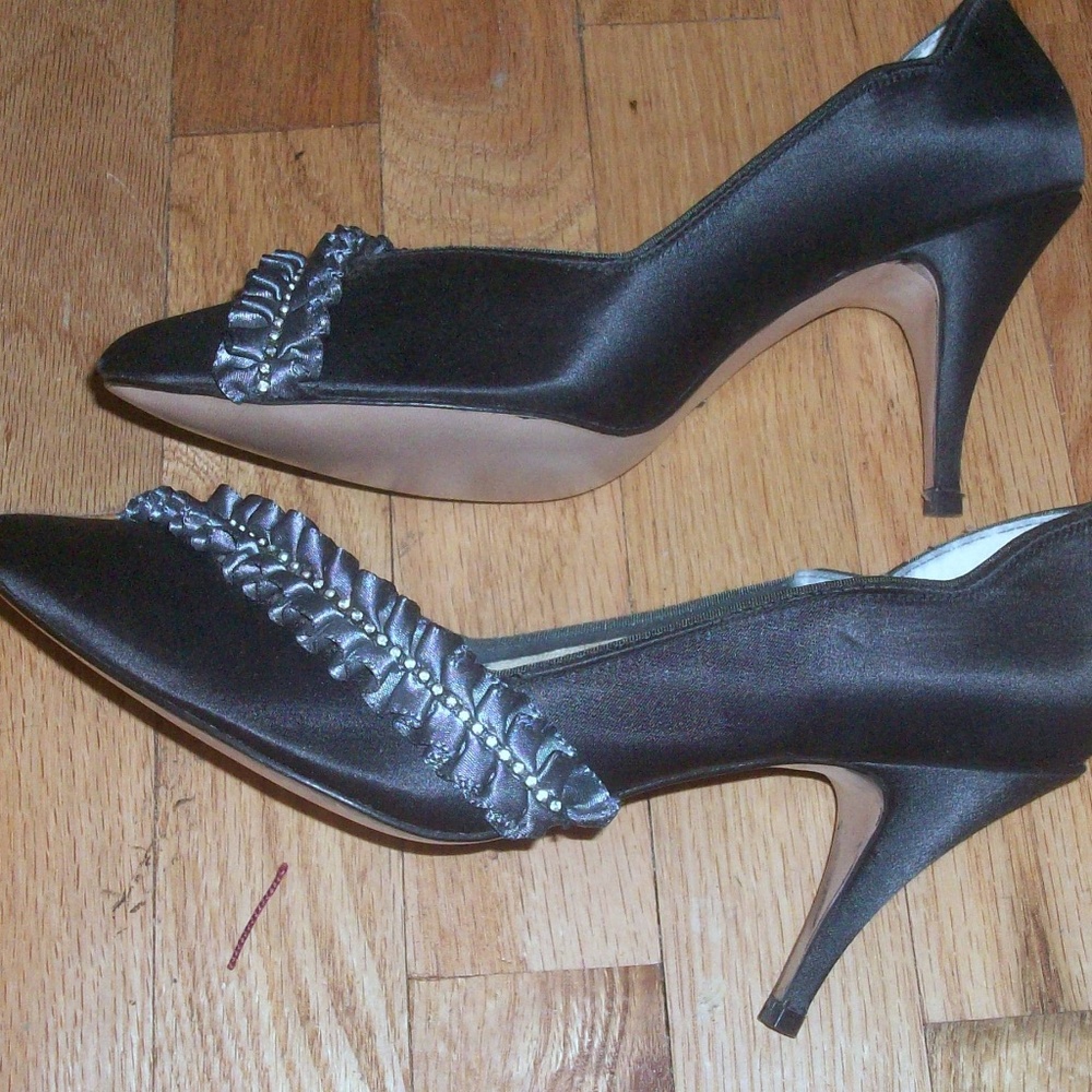 4 FOR $40~Black Satin Ruffled Rhinestone Heels-